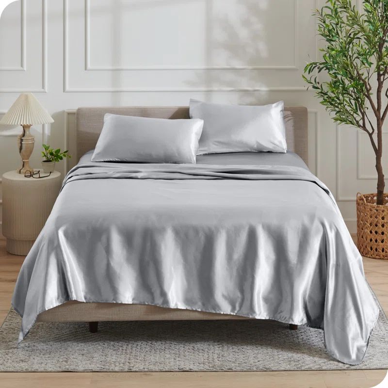 Twin Silver Satin Sheet Set with Deep Pockets