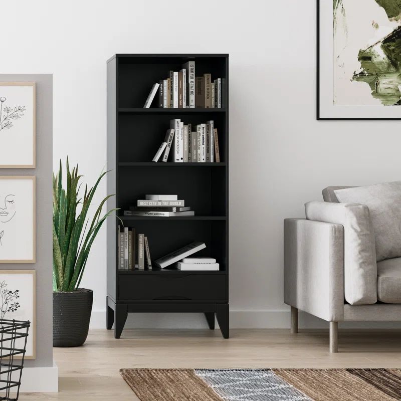 Harper Black Solid Hardwood Adjustable Mid Century Modern Bookcase