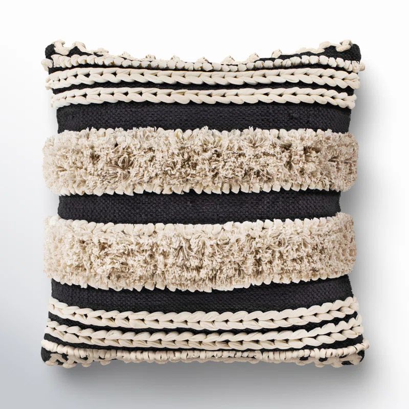 Adela Charcoal Striped Tassels Down 18" Square Throw Pillow