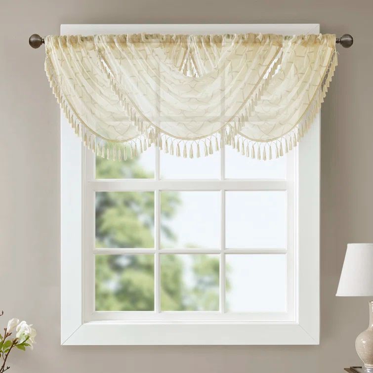 Ivory Sheer Embroidered Waterfall Valance with Tassels