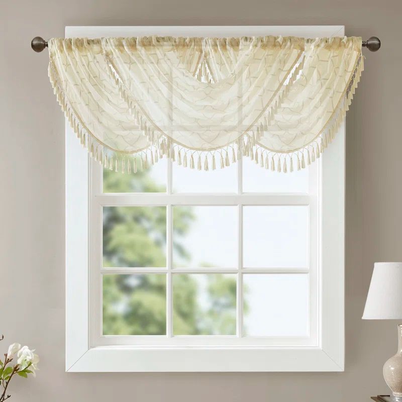 Ivory Sheer Embroidered Waterfall Valance with Tassels