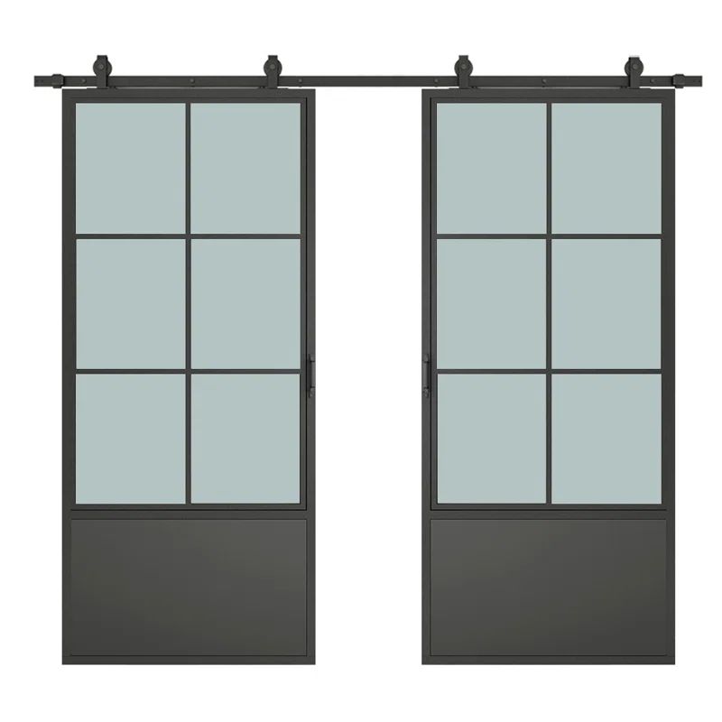 84" x 84" Black Steel Frame Frosted Glass Double Barn Door
