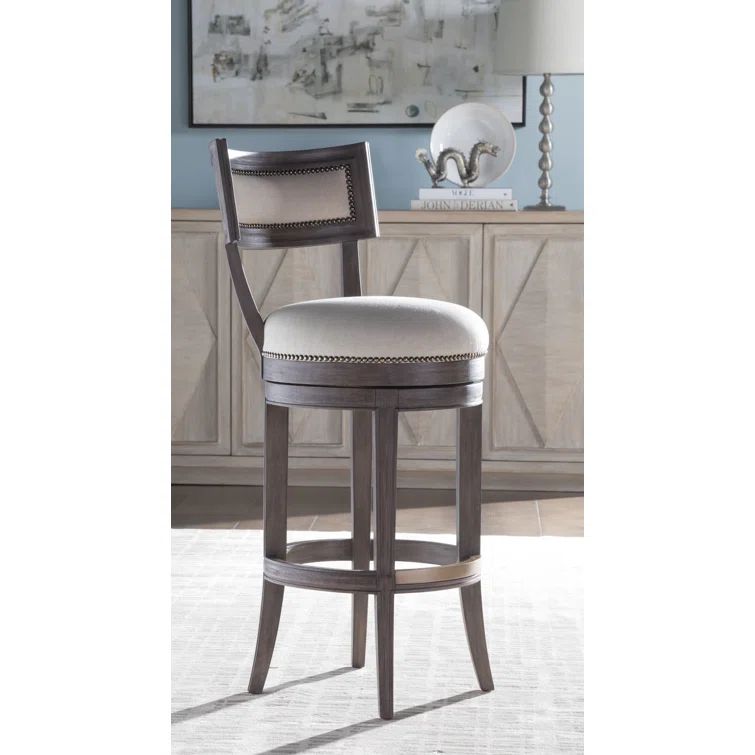 Antico Medium Brown Wood Swivel Bar Stool with Linen Blend Seat