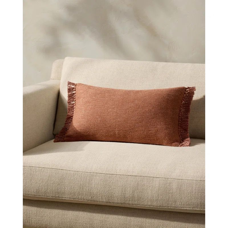 Rust Cotton Polyester Lumbar Pillow with Tassel Fringe