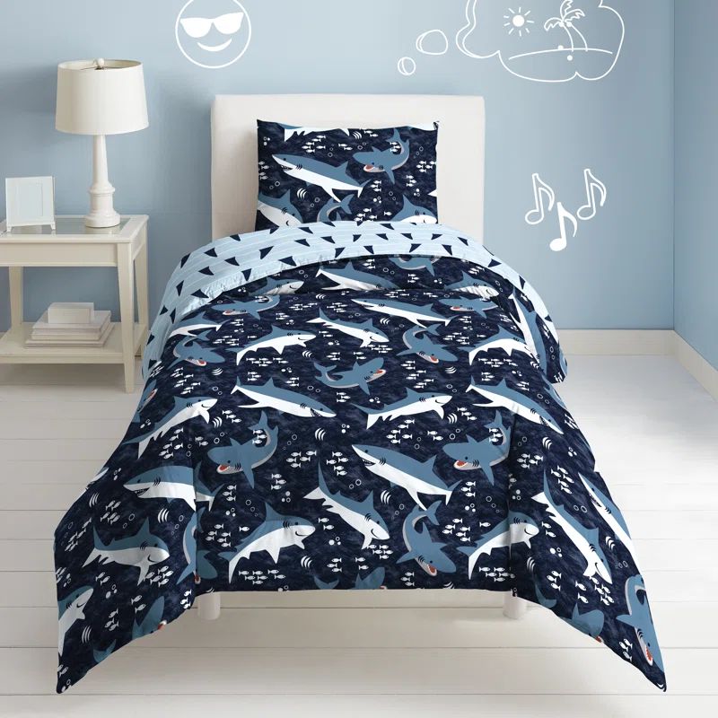 Navy Blue Cotton Twin Kids Shark Bed Set