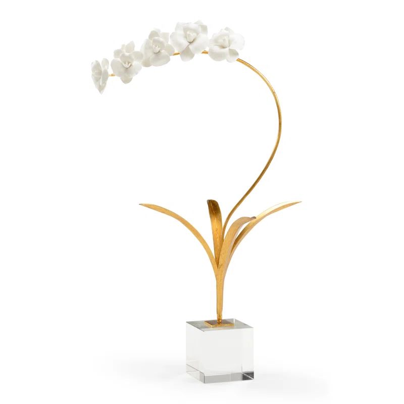 Elegant White Porcelain Orchid Figurine with Gold Leaf Stem