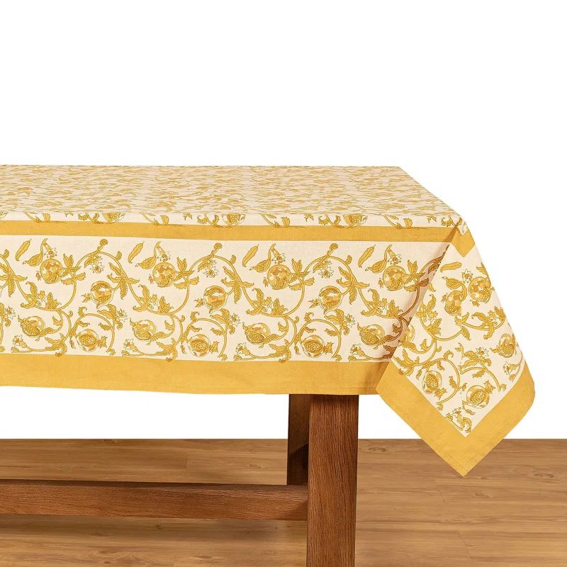 Mustard and White Floral Linen Rectangular Tablecloth
