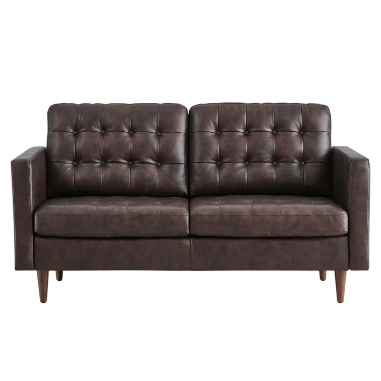 Brown Tufted Faux Leather Loveseat with Wood Legs