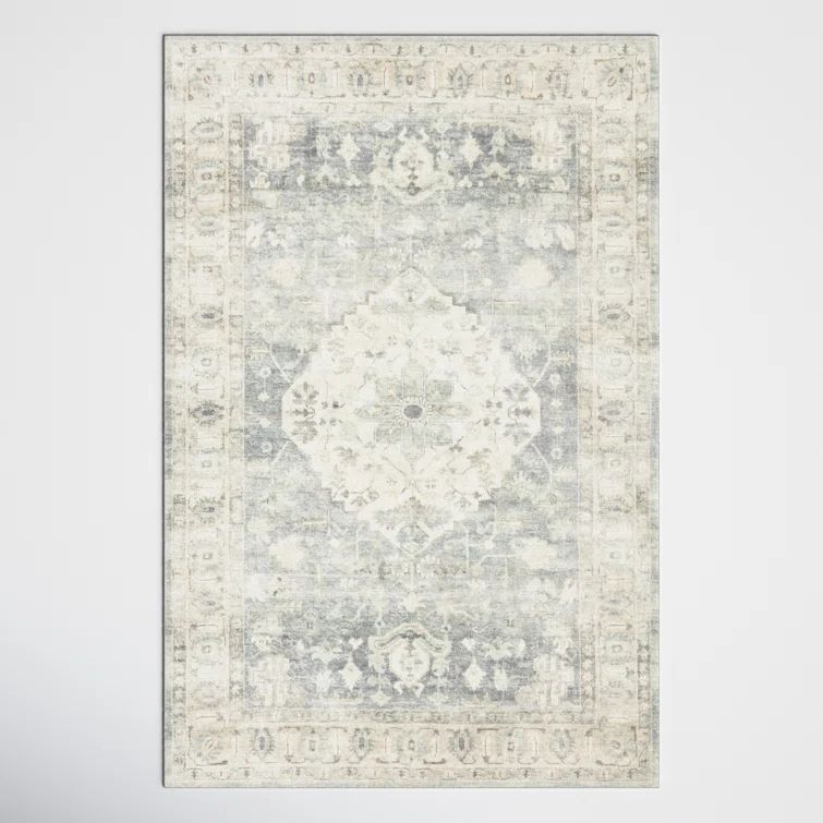 Denim Blue and Fog Gray High Pile Synthetic Area Rug