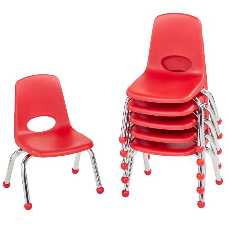 Red Molded Plastic Classroom Chairs with Chromed Steel Legs, Set of 6