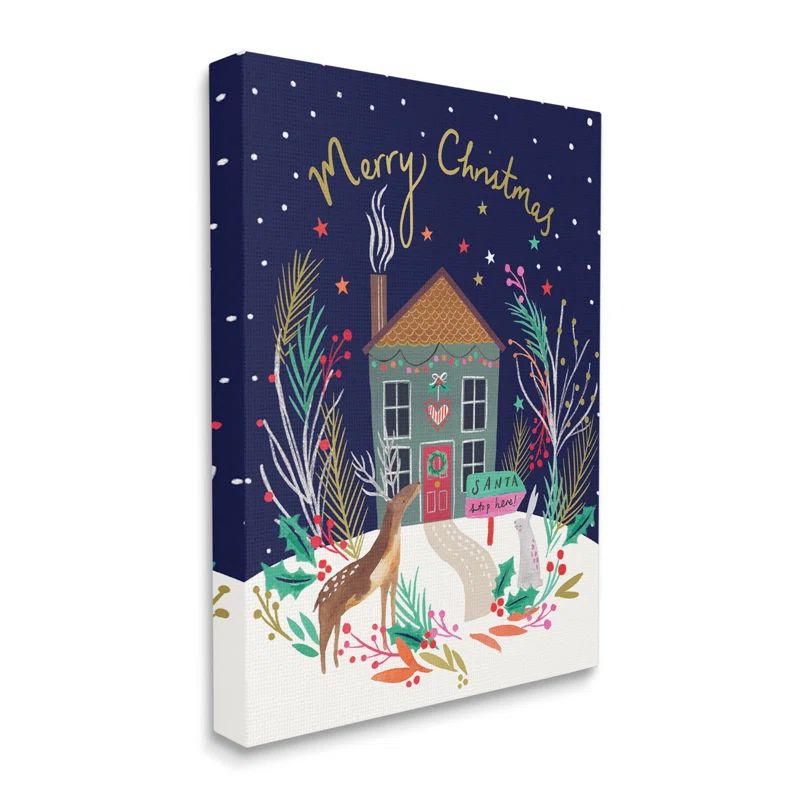 Festive Christmas Scene Canvas Wall Art with Reindeer, 36 x 48