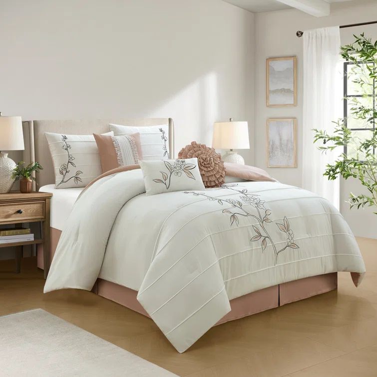 Elegant White and Blush Microfiber Queen Comforter Set with Floral Design