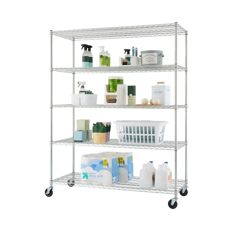 Versatile Chrome 5-Tier Adjustable Wire Shelving Unit with Wheels, 60x24x72