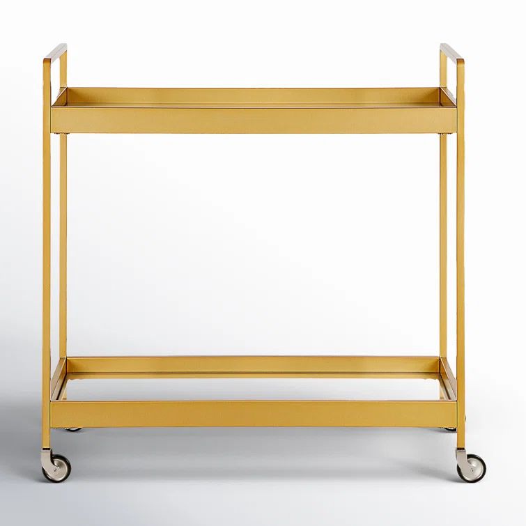 Glamourous Brass Finish Rectangular Bar Cart with Glass Shelves