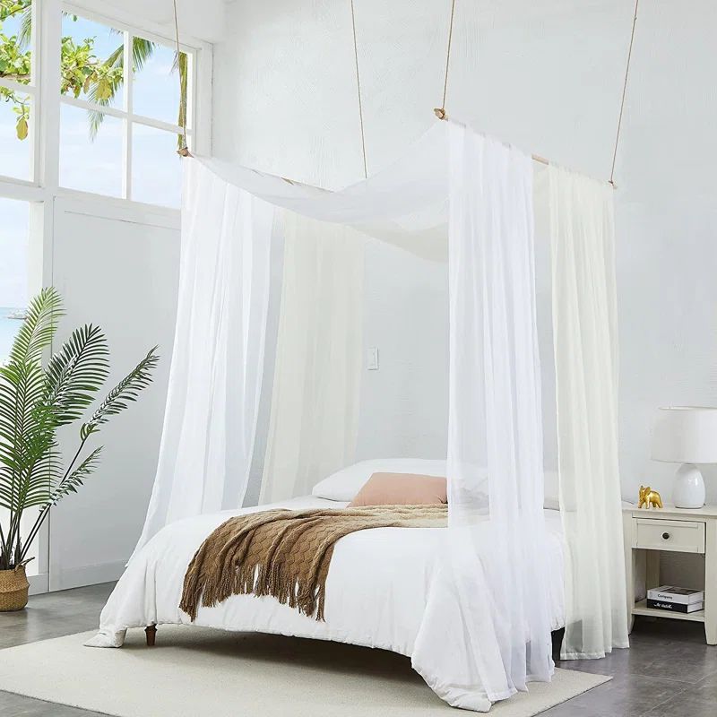 King Size White and Beige Polyester Canopy Bed Curtains
