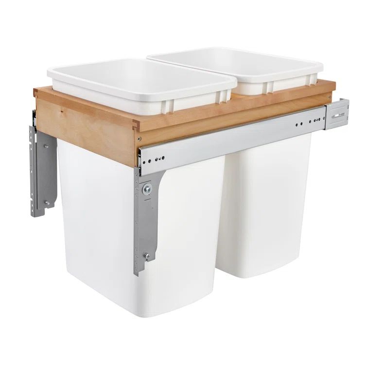 White Double Pull-Out Kitchen Trash Bins with Maple Frame