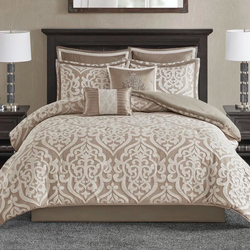Tan King Microfiber Jacquard 8-Piece Comforter Set