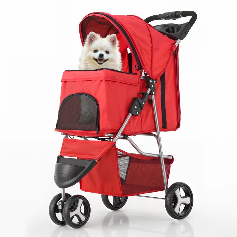 Red Foldable Dog Stroller with Mesh Canopy and Storage Basket