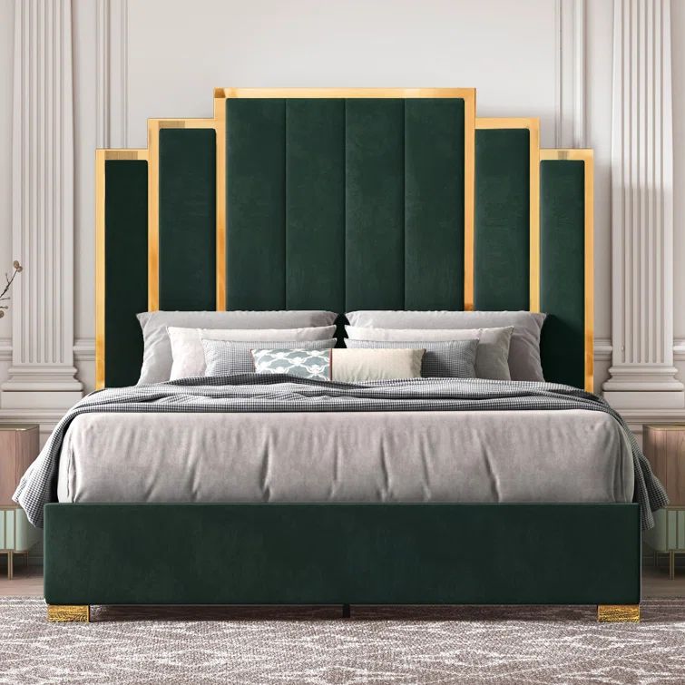 Green Velvet Queen Bed with Gold Trim and Headboard