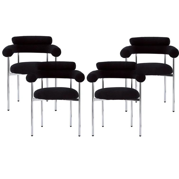 Black Upholstered Arm Chair with Metal Legs, Set of 4
