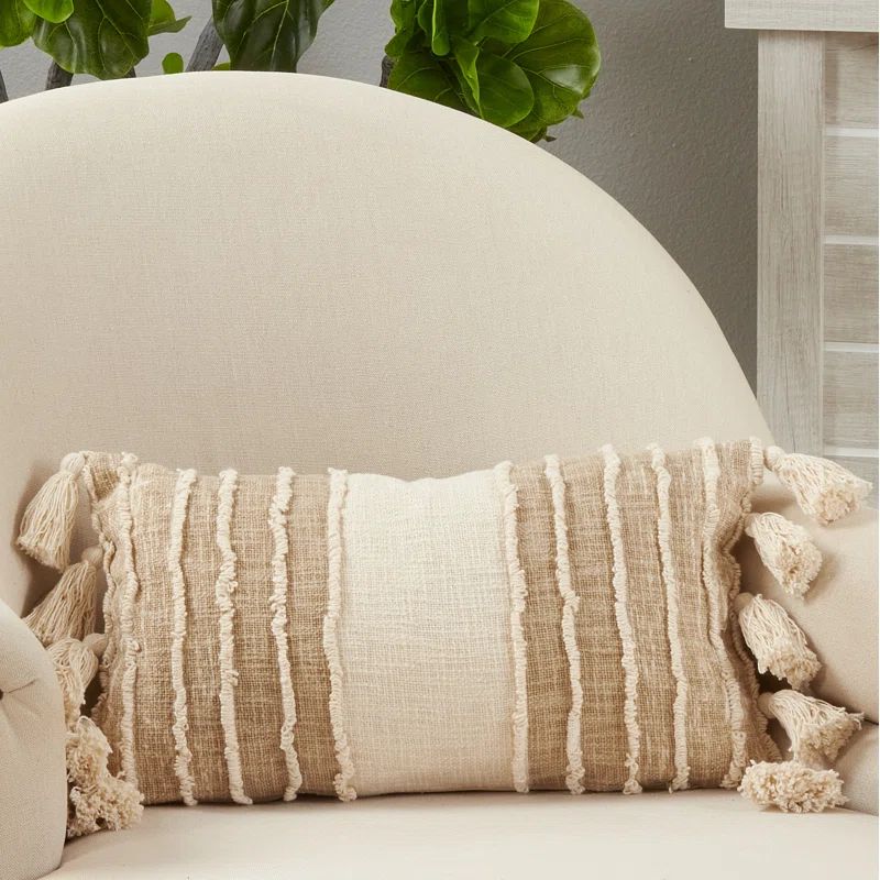 Ivory and Beige Striped Tassel Rectangular Pillow