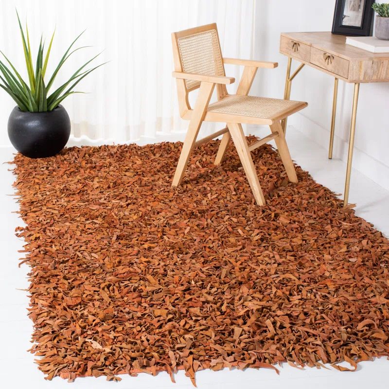 Hand-Knotted Orange Leather Shag Area Rug, 5' x 8'