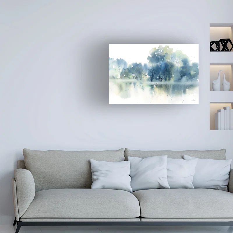 Blue Pond Reflections Landscape Canvas Art in White and Light Blue