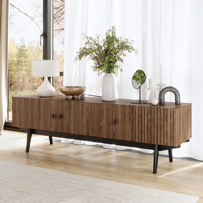 Mid-Century Walnut and Black 59" TV Stand with Cabinet