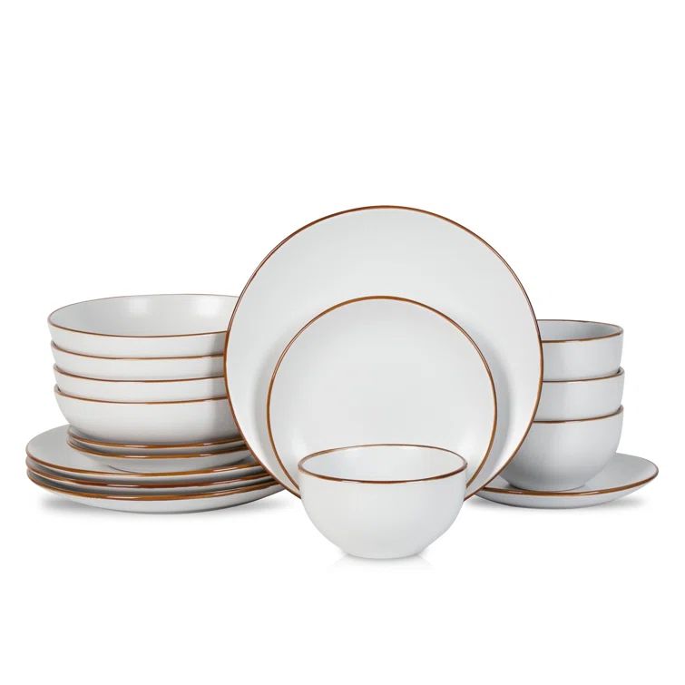 White Ceramic 16-Piece Dinnerware Set with Metallic Band