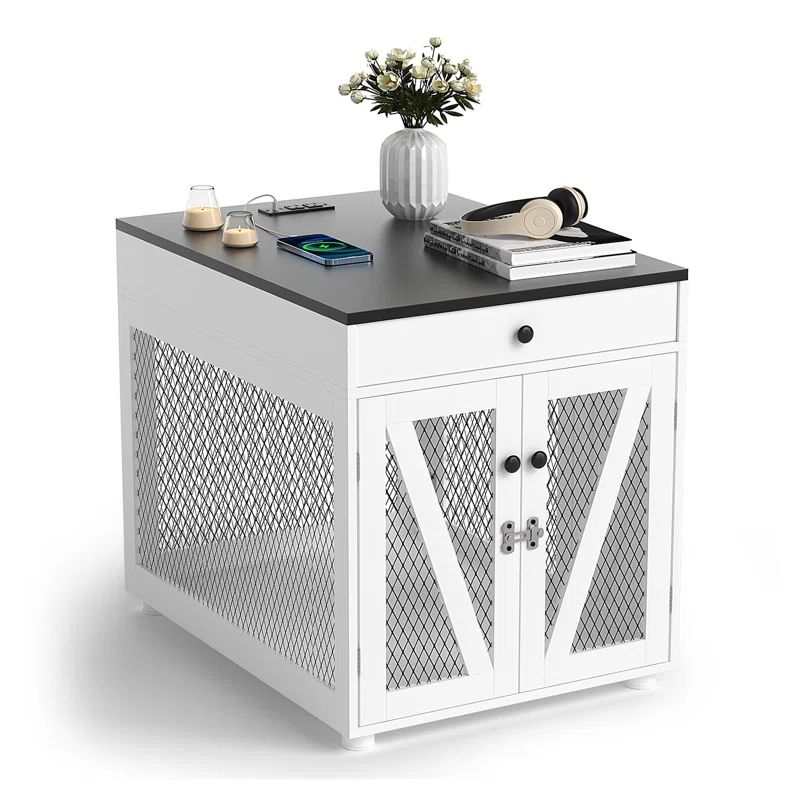 White and Black Wooden Dog Crate End Table with USB Charging Station