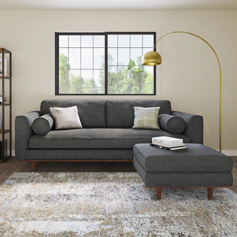 Charcoal Grey Leather Lawson Sofa with Ottoman and Pillow-Top Arm