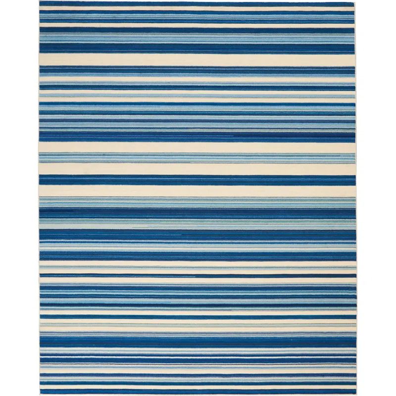 Blue and Off-White Striped Wool Blend Rectangular Rug