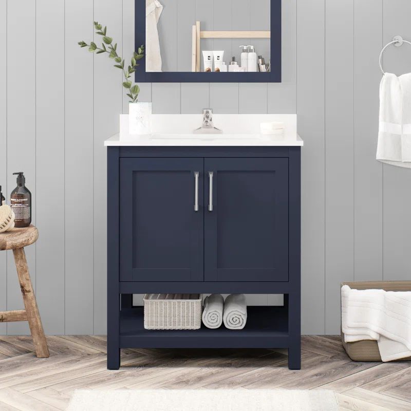 Midnight Blue Freestanding Bathroom Vanity with Marble Top, 30 Inch