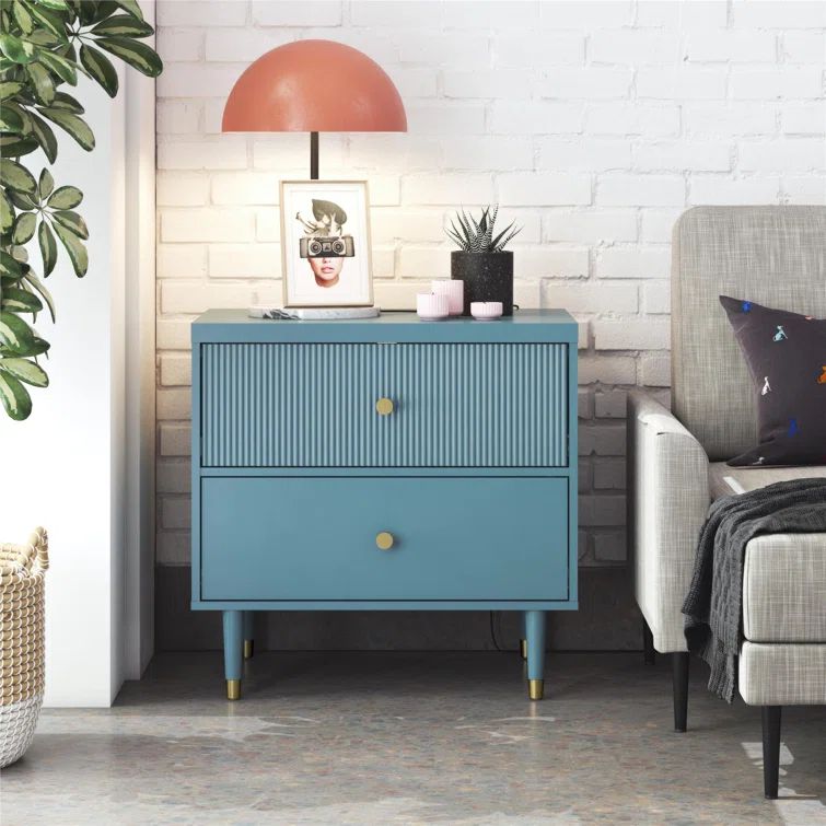 Smoke Blue 2-Drawer Nightstand with Gold Accents