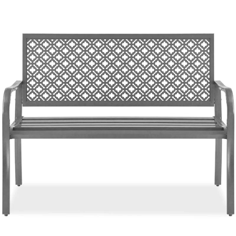 Gray Steel 2-Person Outdoor Garden Bench with Geometric Backrest
