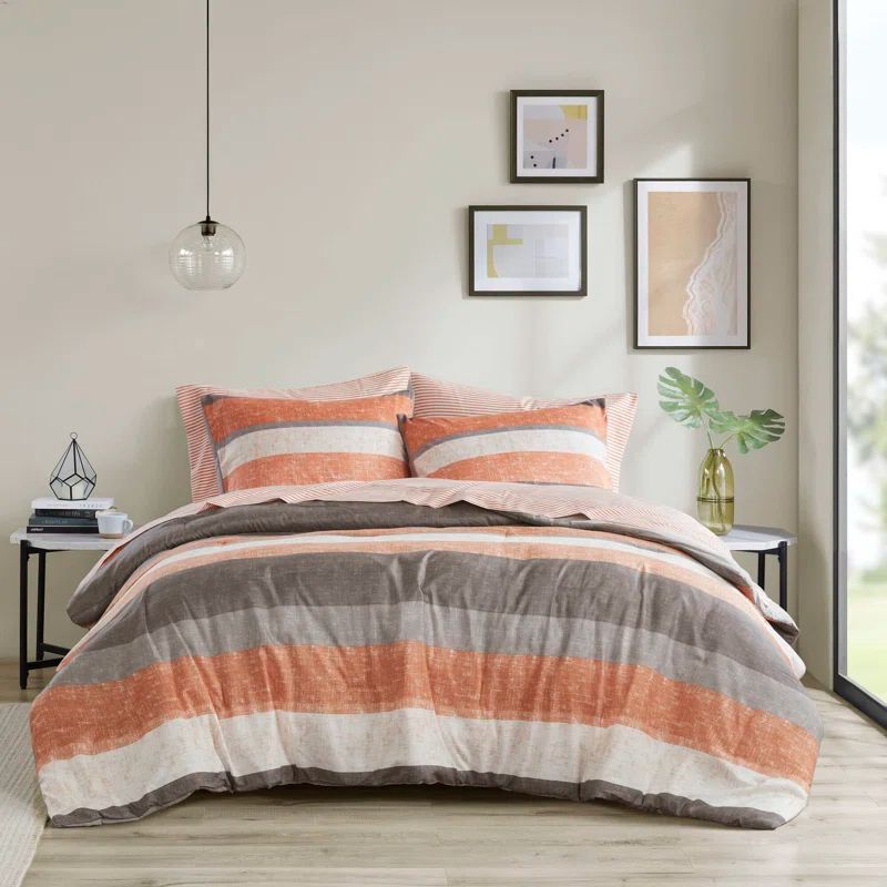Full Coral and Grey Microfiber Reversible Bed in a Bag Set