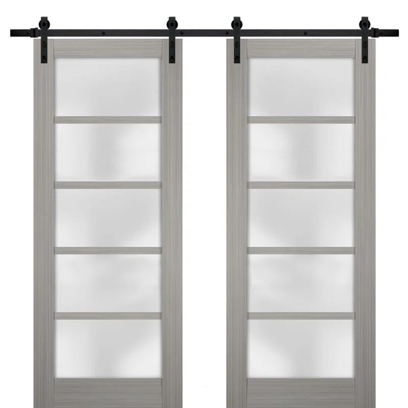 Grey Ash Solid Core 5-Panel Barn Door Kit with Frosted Glass