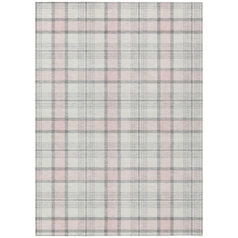 Pink and Gray Plaid Washable Synthetic Rug, 3' x 5'