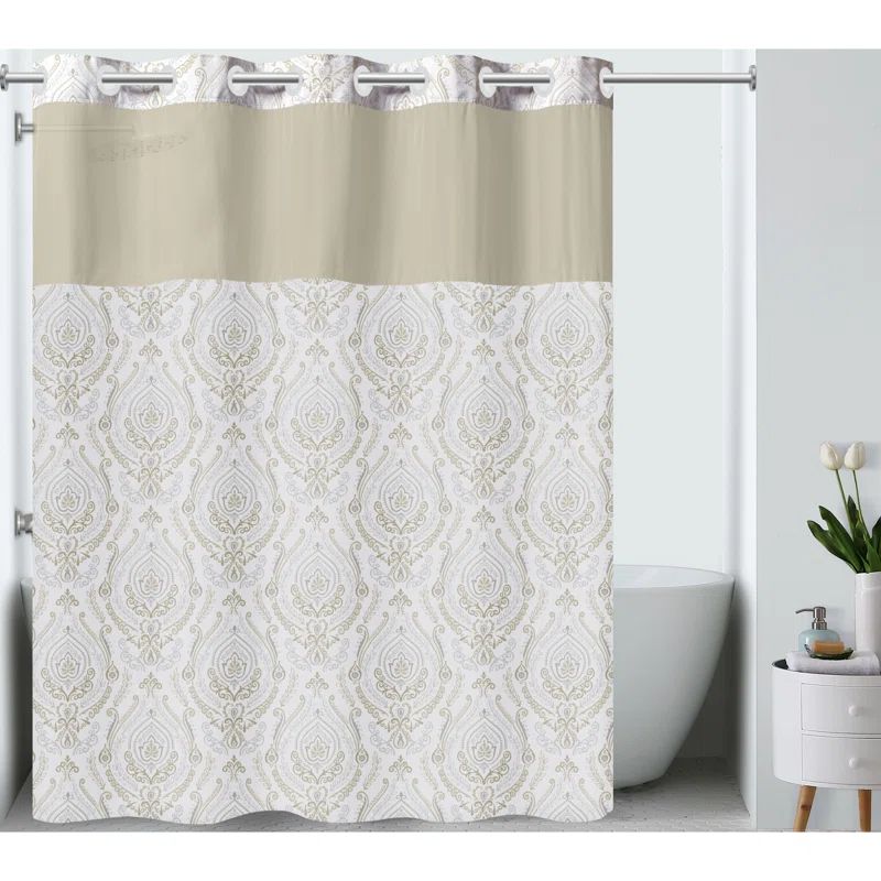 Khaki Polyester Hookless French Damask Shower Curtain with Built-in Liner
