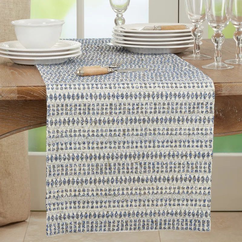 Blue Cotton Blend Textured Table Runner with Woven Design