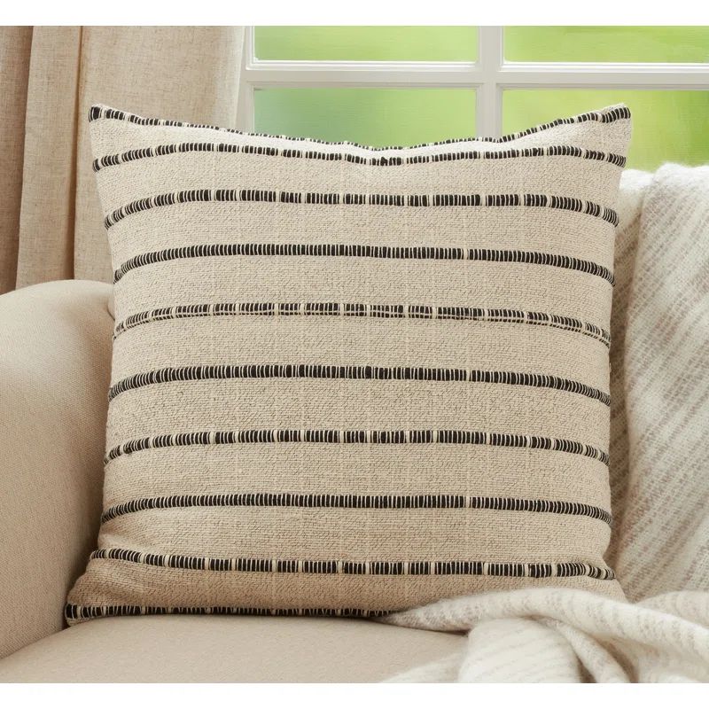 Natural Ivory and Black Striped Cotton Throw Pillow, 22" x 22"