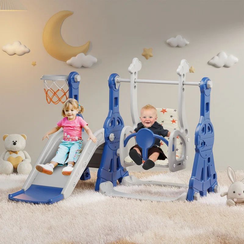 Blue and Gray 4-in-1 Toddler Slide and Swing Set