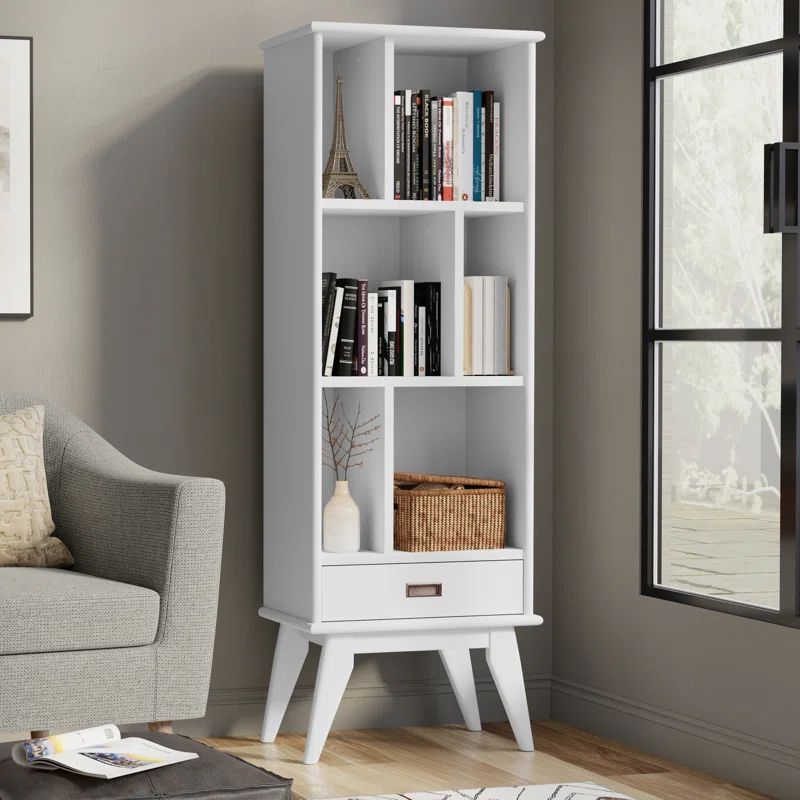 White Solid Hardwood Mid-Century Modern Bookcase with Storage Drawer