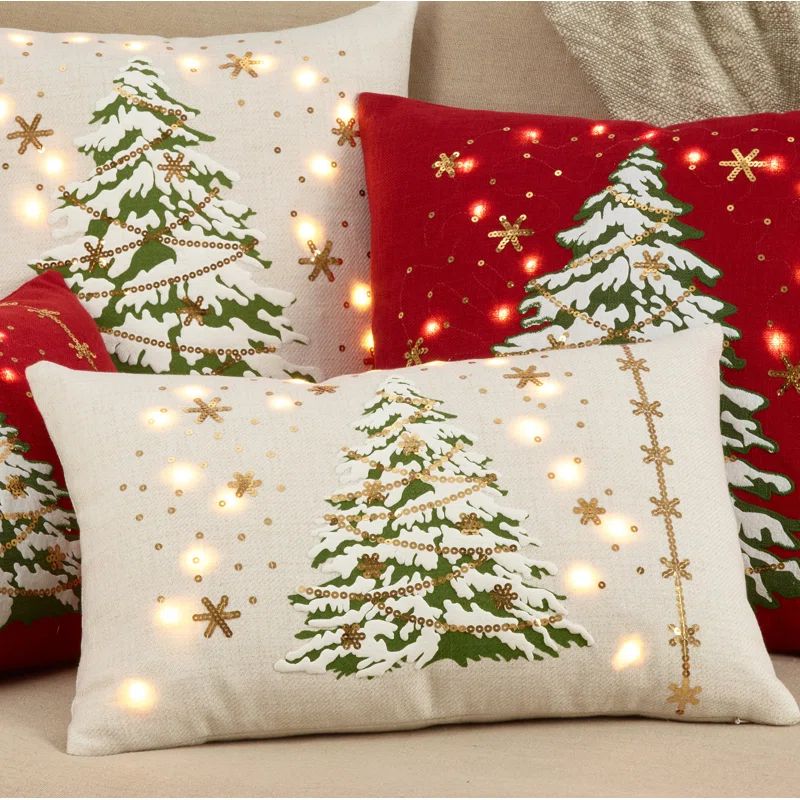 White LED Christmas Tree Pillow Cover with Sequins, 13"x20"