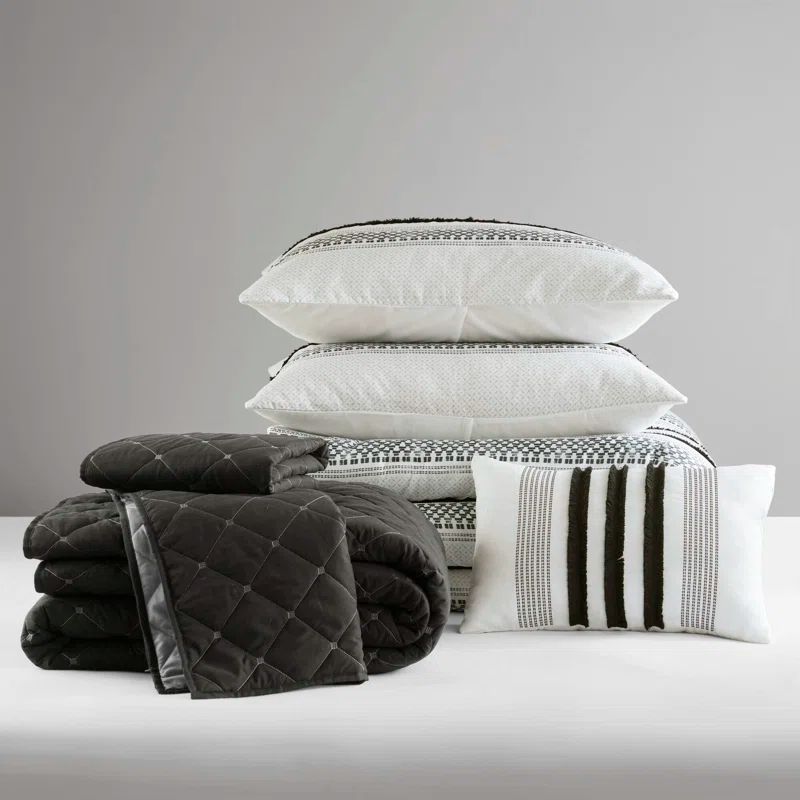 Black and White Microfiber Full Bedspread Set with Stripes