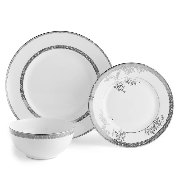 Gray Porcelain Floral Lace 12-Piece Dinnerware Set