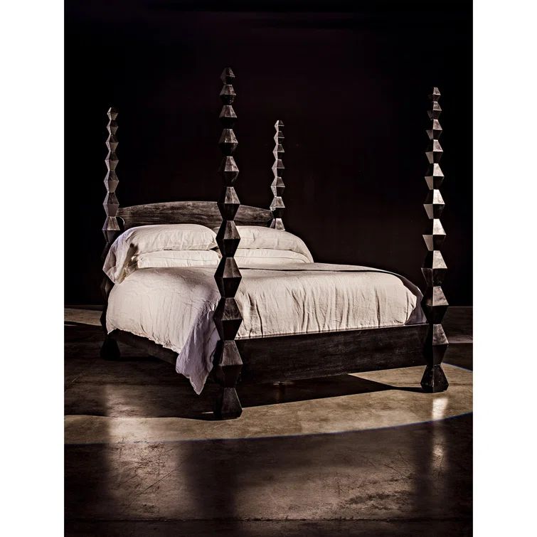 Hand-Rubbed Black Mahogany Queen Four Poster Bed with Upholstered Headboard
