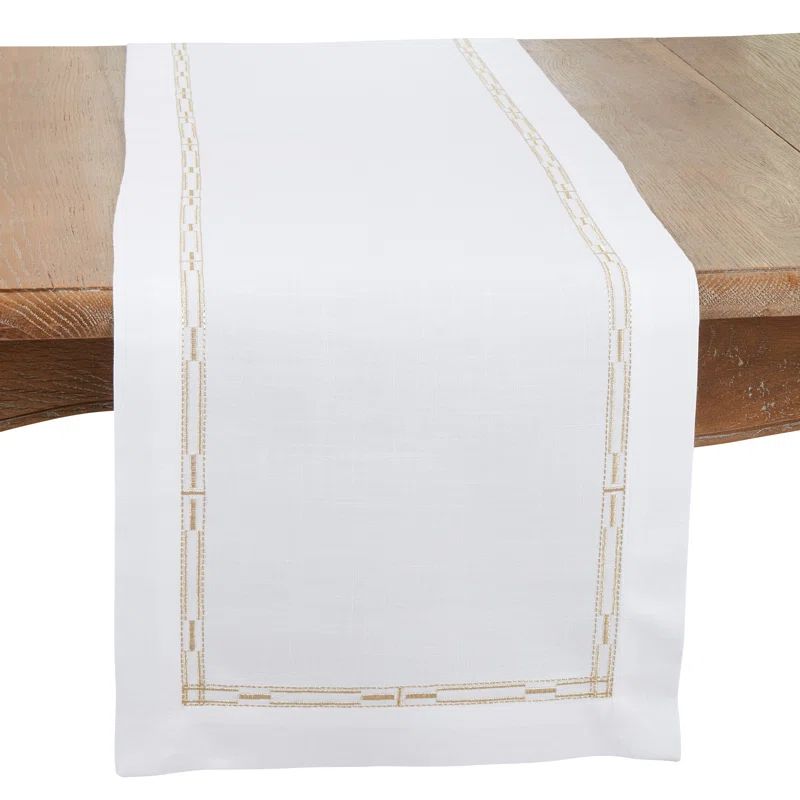 Gold Embroidered Border White Polyester Table Runner
