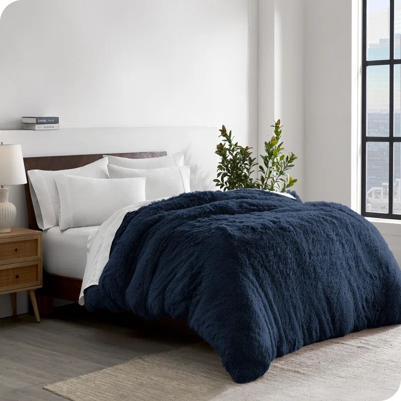 Full Dark Blue Shaggy Faux Fur Duvet Cover