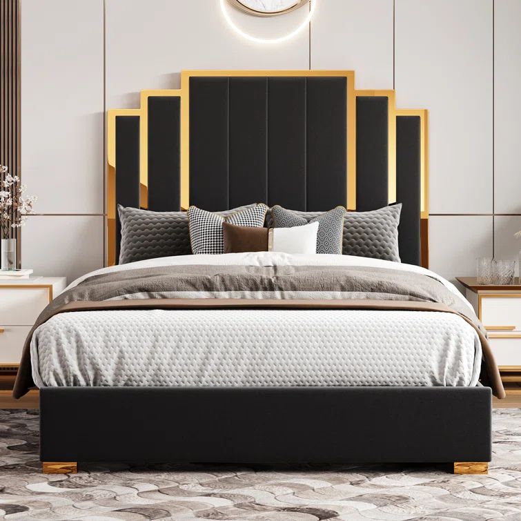 Green Velvet Queen Bed with Gold Trim and Headboard